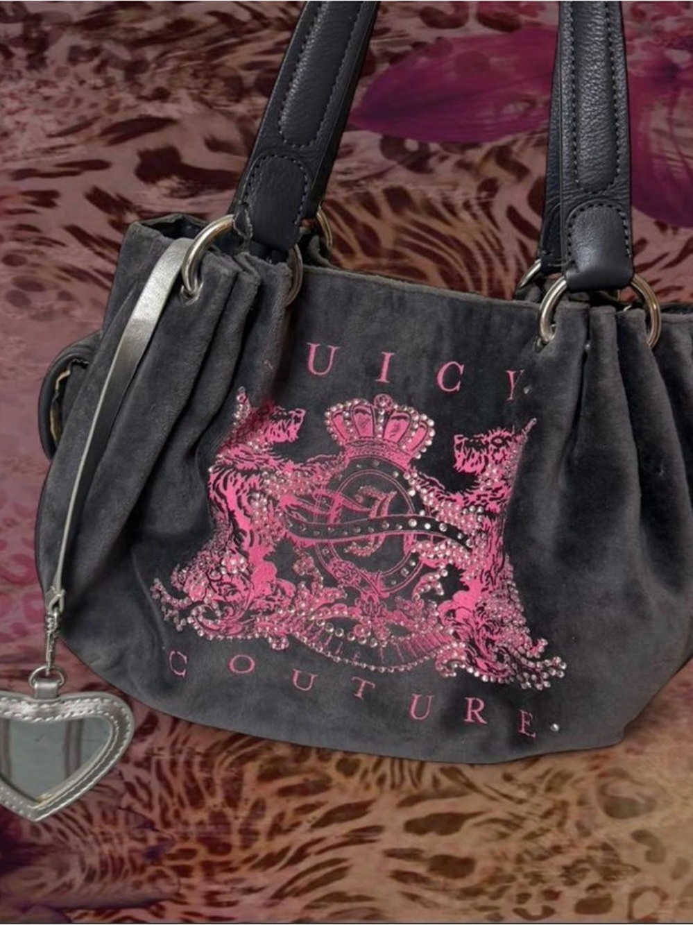 Juicy Couture Black Velvet Shoulder Bag with Pink Crest